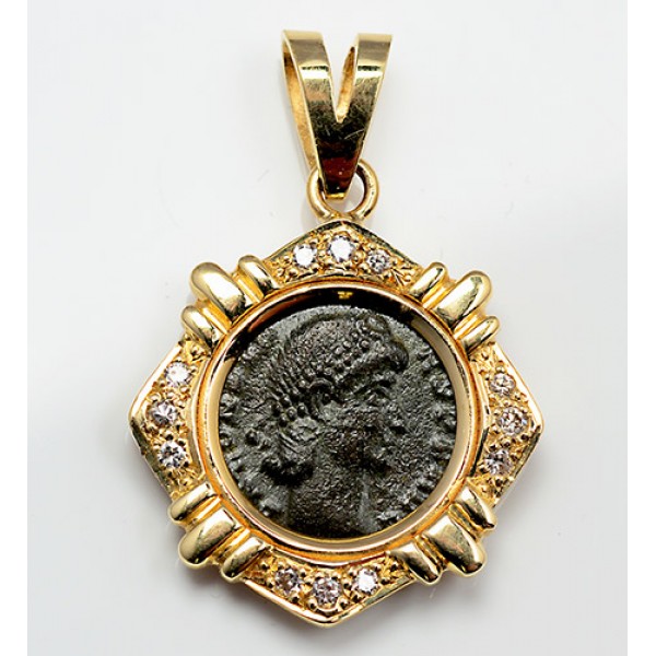 Ancient Roman Bronze coin Constantius II A.D. 336-361 in 14kt Gold .25 ct. Diamond Pendant